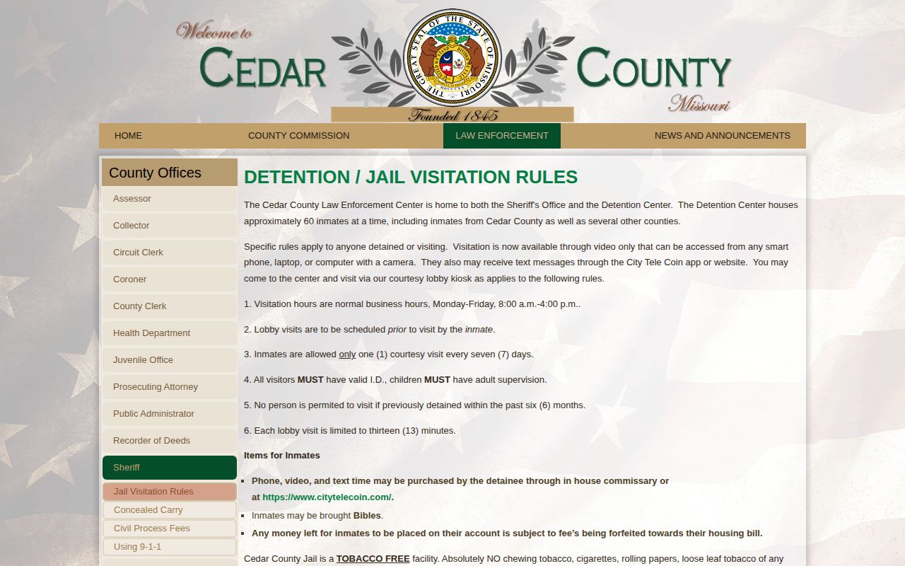 Cedar County detention booking and jail rules source page