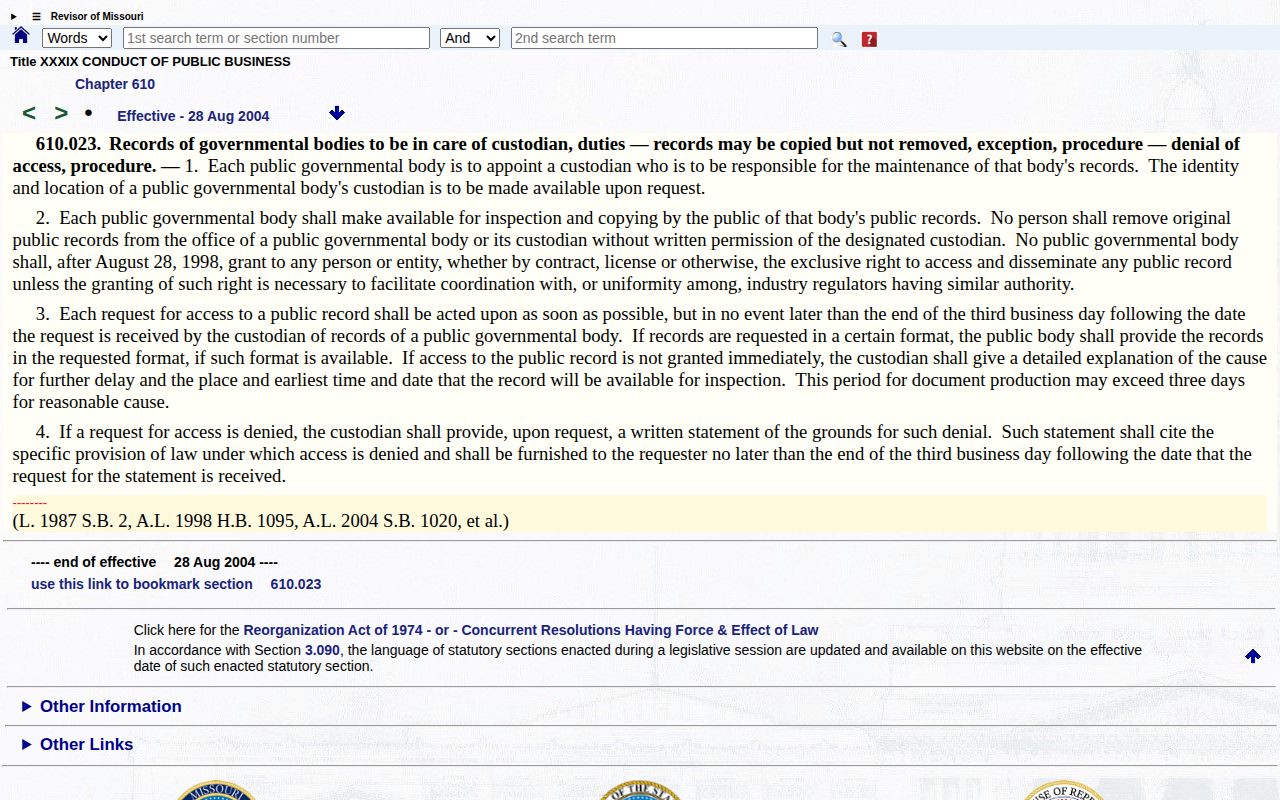 Cedar County booking record request reference to Missouri Sunshine Law
