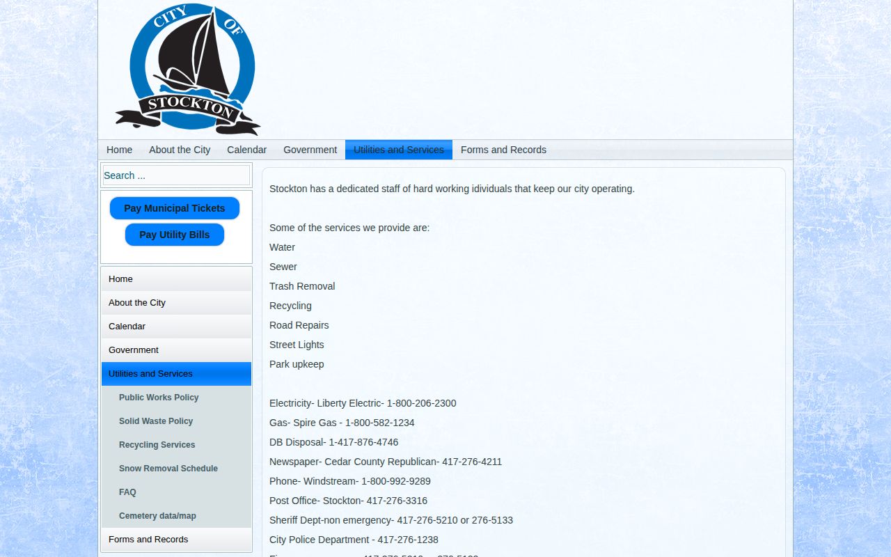 Cedar County Stockton arrest-record contact page listing City Police Department information