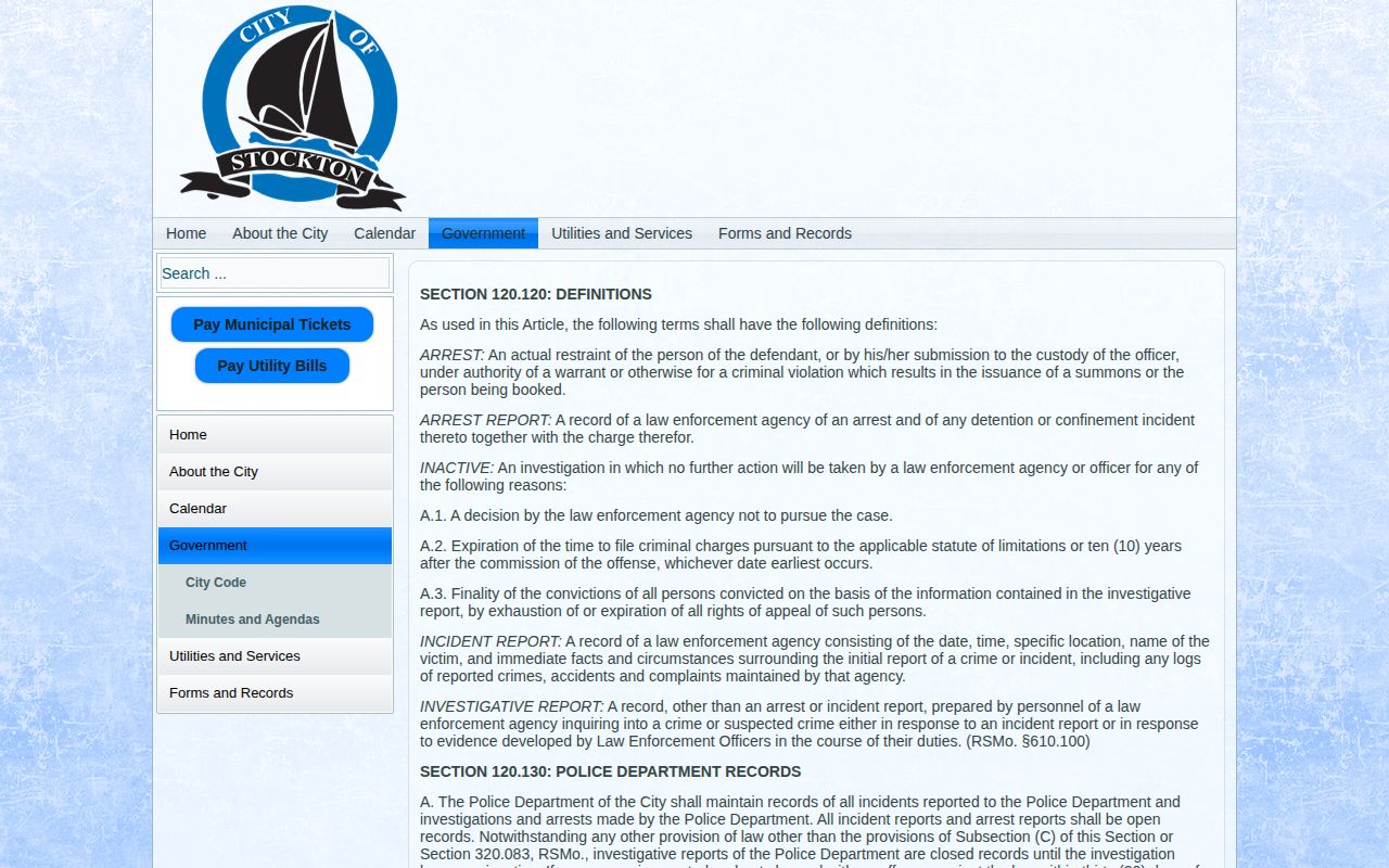 Cedar County Stockton police-record ordinance for arrest and incident records